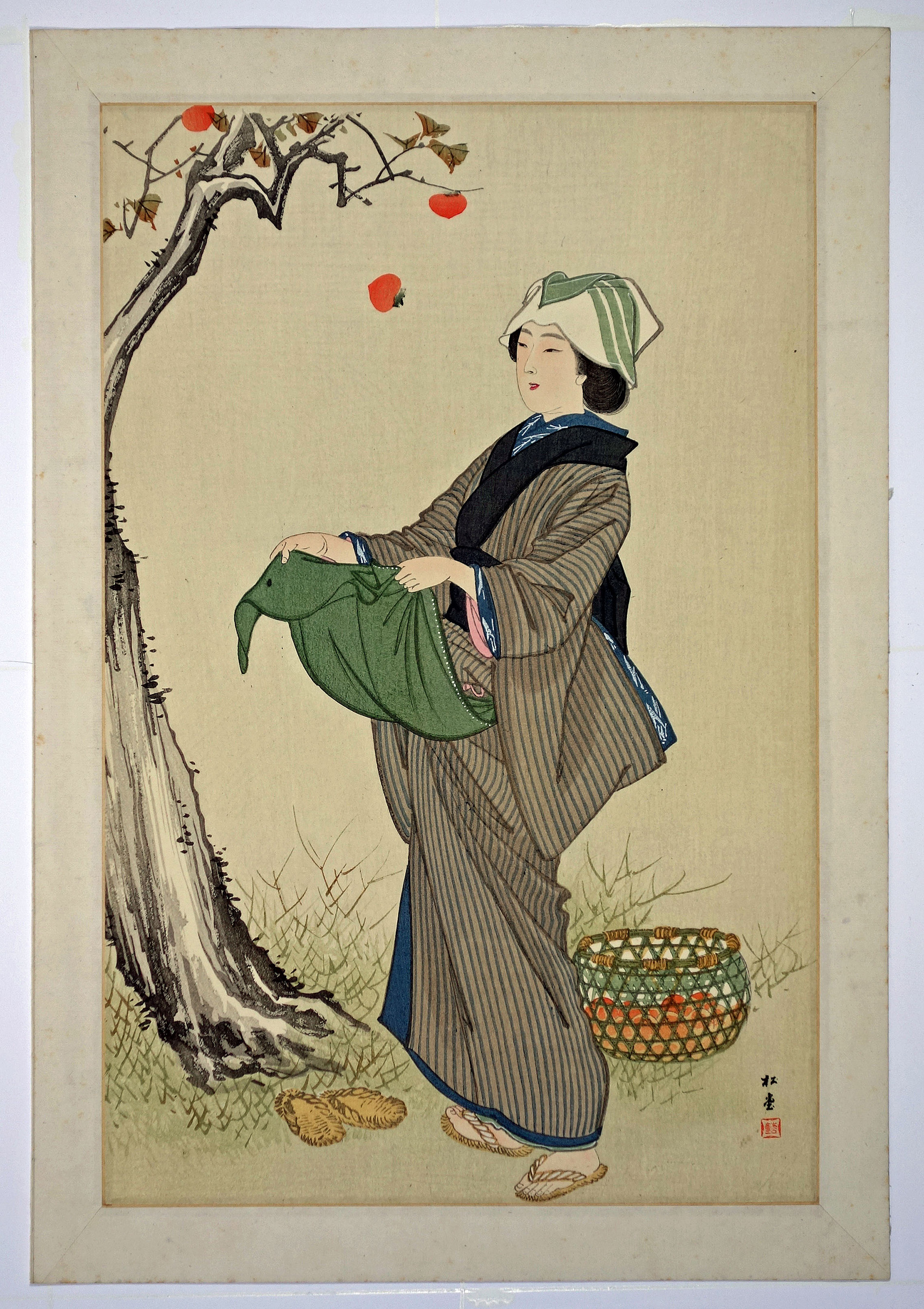 湯川松堂美人木版画 柿取り（仮題） | 山星書店 浮世絵 Yamaboshi 