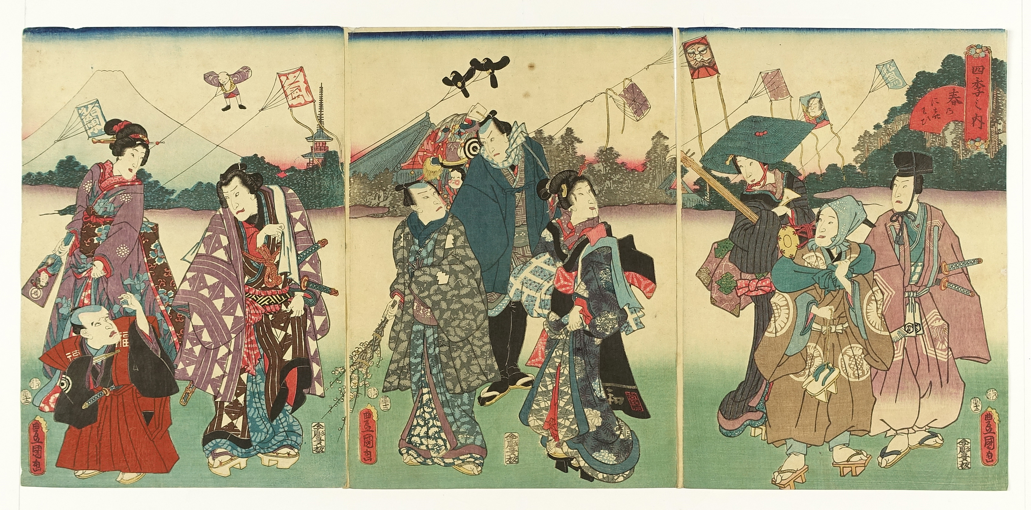 浮世絵 豊國 四季之内「春」3枚組｜アート・写真