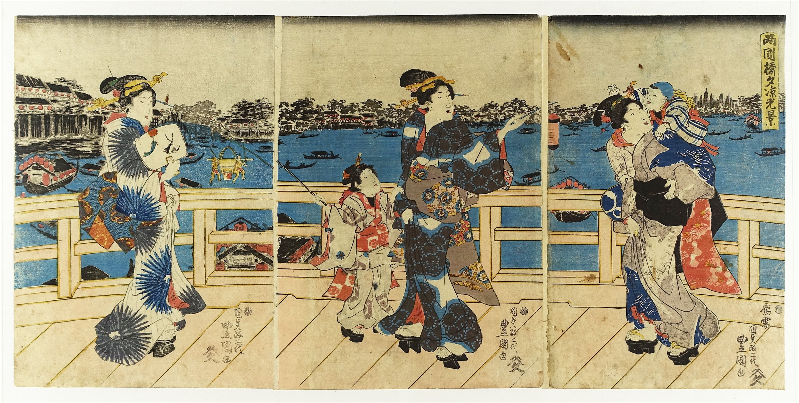 浮世絵 両国夕涼み之図 三代豊国 三枚続き 両国橋夕涼光景 三