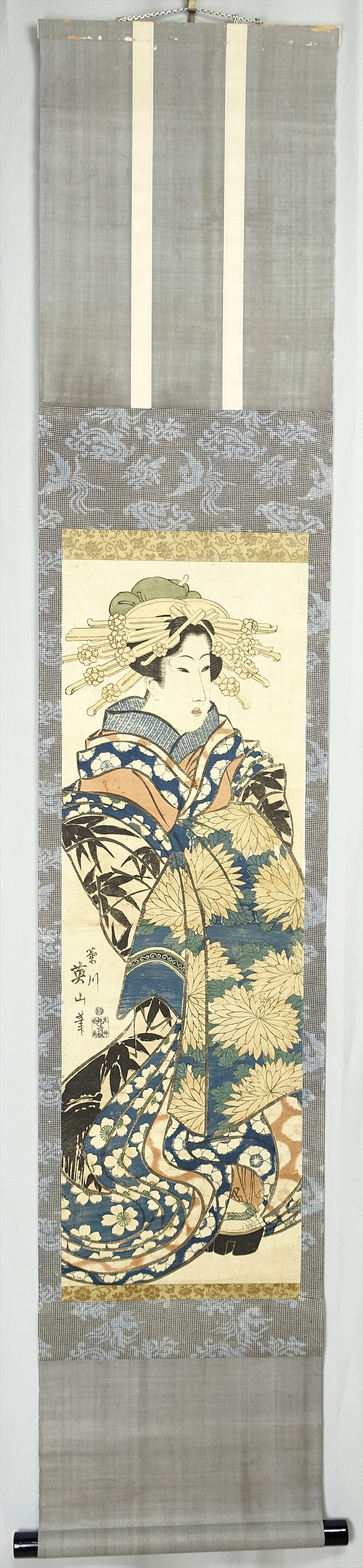 浮世絵、美人画縦二枚綴り、菊川英山画 仕える