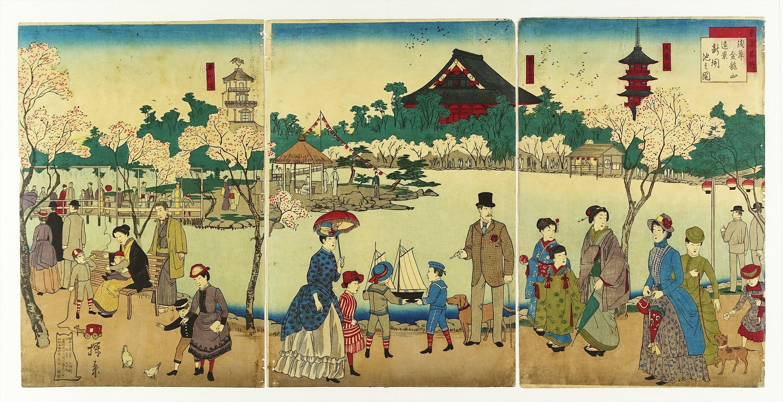錦絵・三枚続】明治時代 浮世絵 浅草金龍山寺 歌川広重 浅草金龍山 