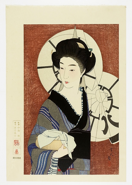 浮世絵版画【鳥居清忠(言人)美人版画 おんな十二題 初摺「裸婦髪梳き」】手摺木版画 二重たとう紙/紙箱付 遺珠刊行会発行 鳥居言人(清忠) 木版画（復刻版）おんな十二題より『髪梳き』 新