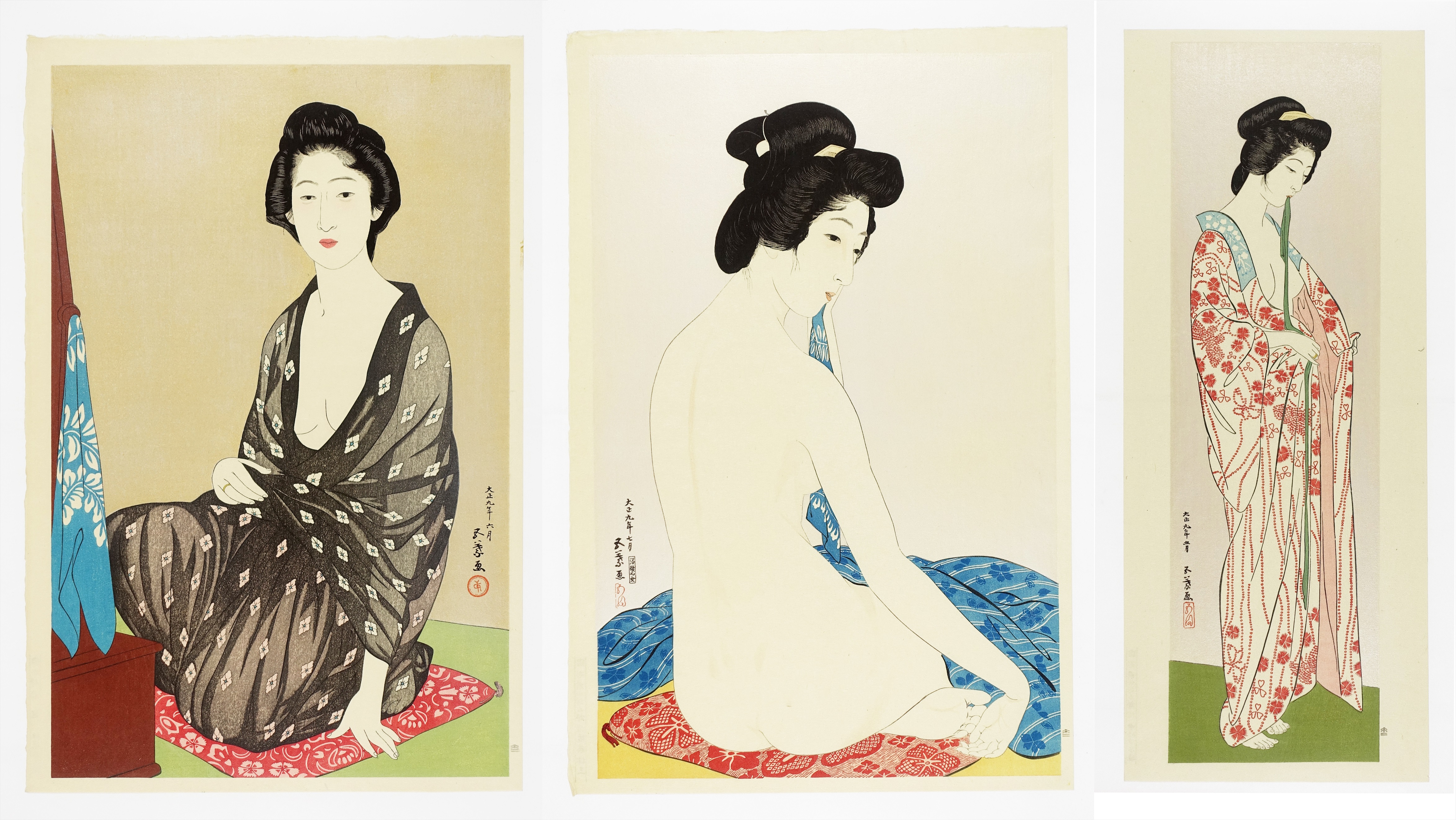 【宝蔵１円初出し美術】 時代春画 江戸期 在銘 『美人画六枚』 浮世絵木版画 まくり 肉筆 骨董 古美術