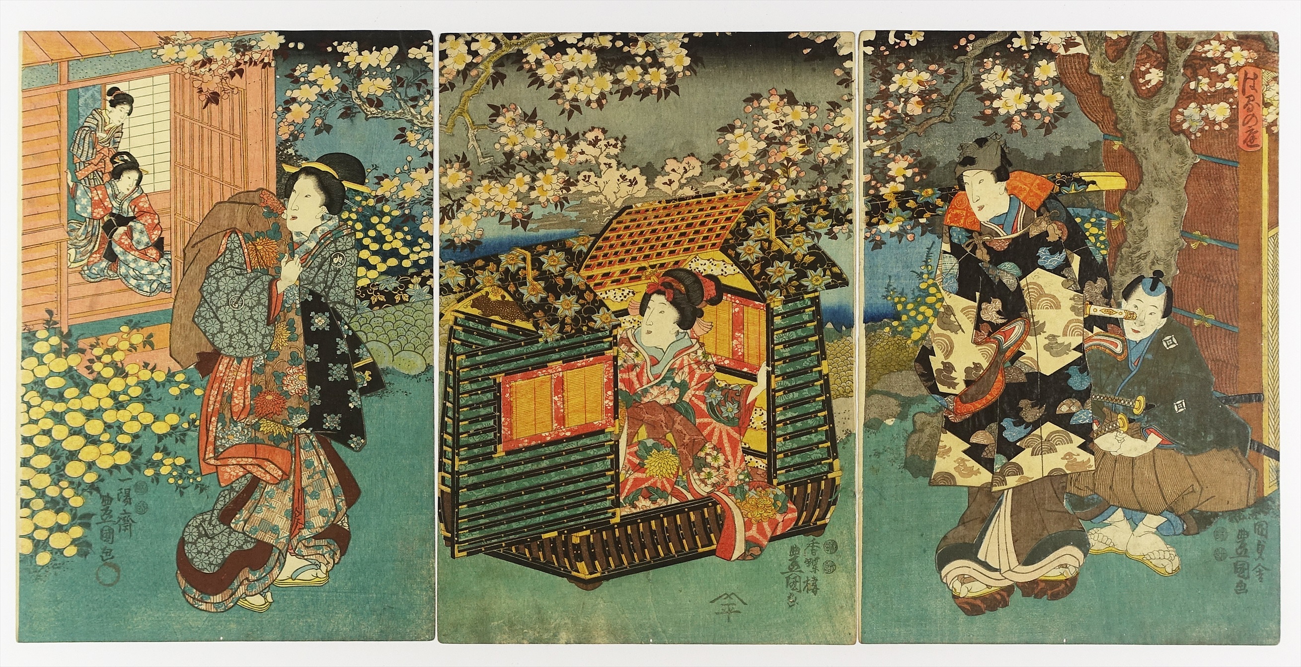 浮世絵 見立 源氏 花の宴 広重 3枚続 江戸時代の花見と寿司（見立源氏 