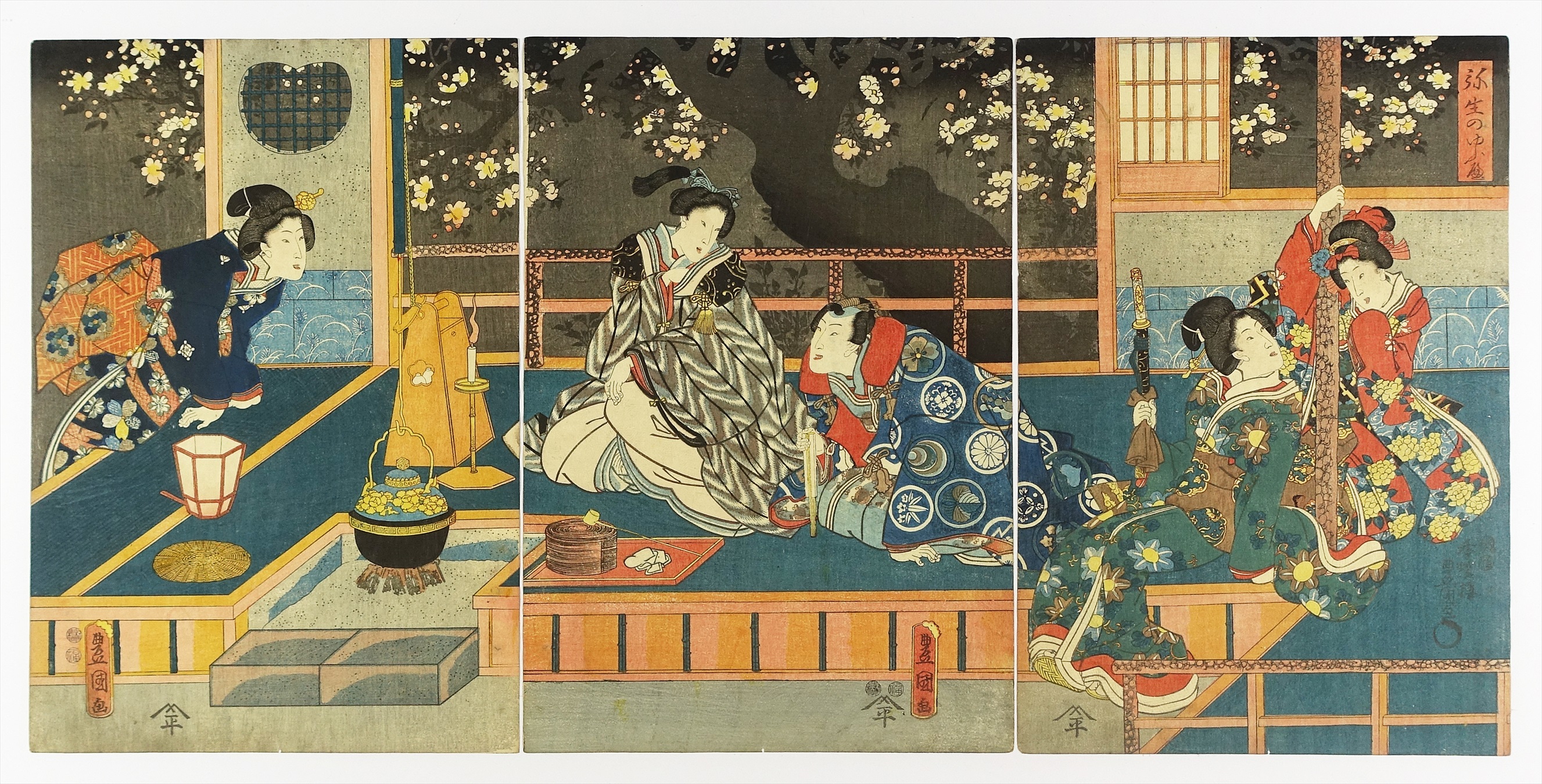 浮世絵、東源氏仲夏ノ圖三枚綴り、歌川豊国(三代豊国画） ちょろい