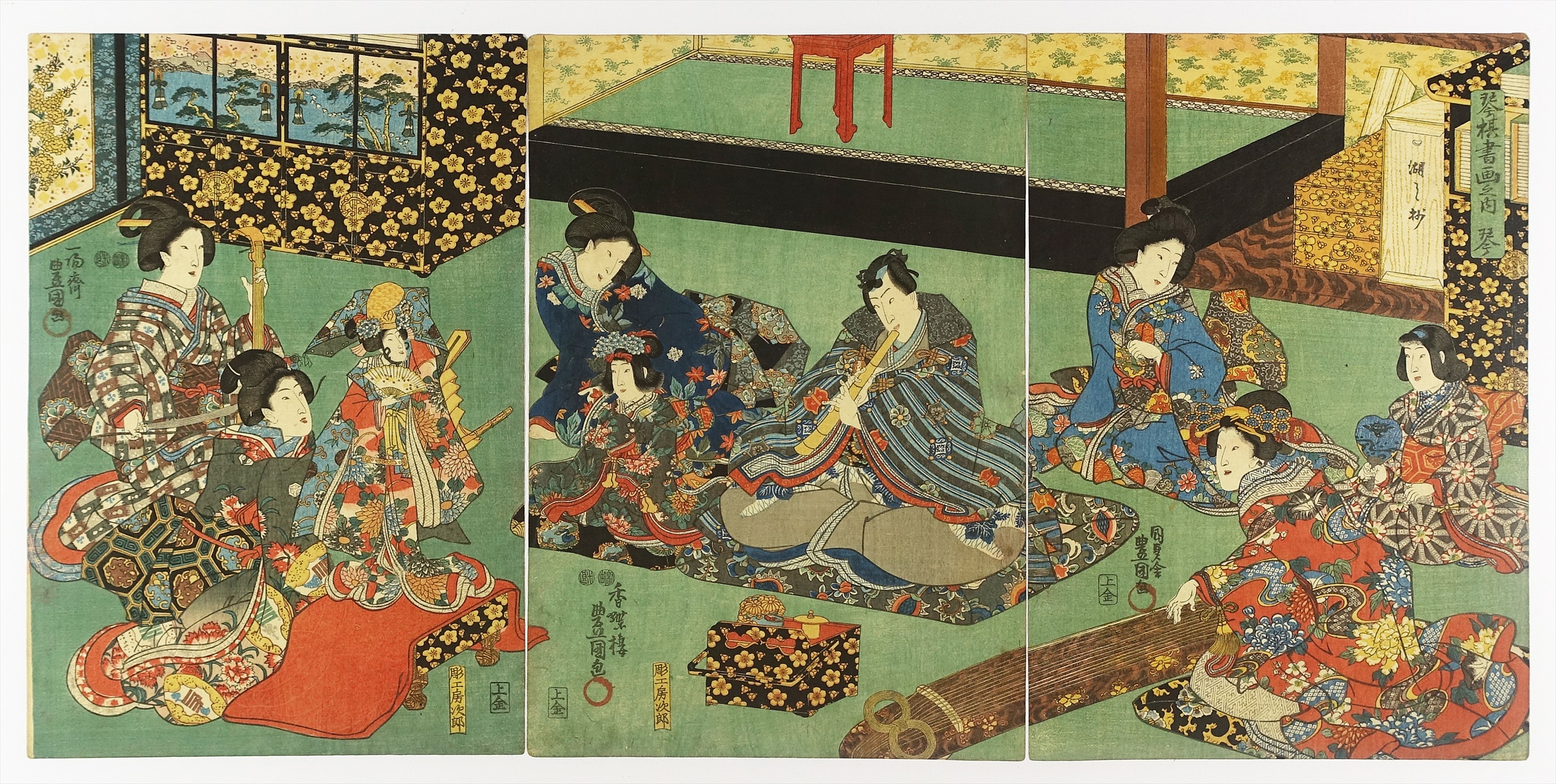 琴棋書画之内 琴 三枚続 （源氏絵） | 山星書店 浮世絵 Yamaboshi 