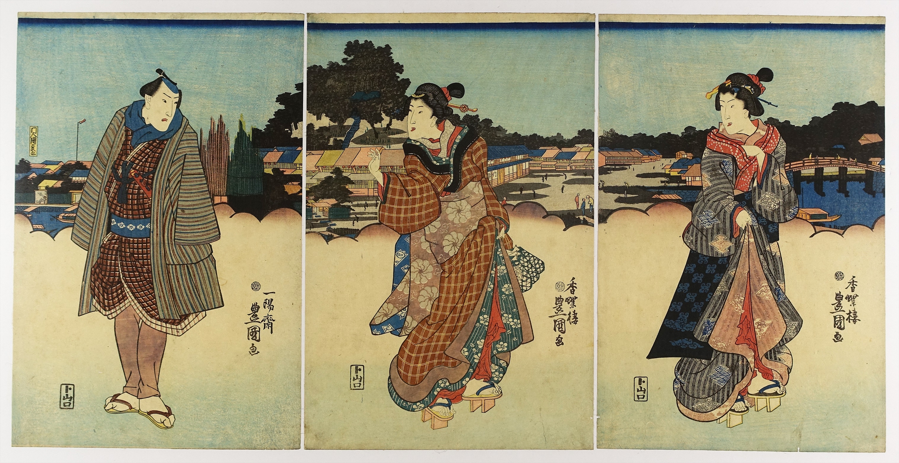 豊国・国政 美人風俗画 三枚続 | 山星書店 浮世絵 Yamaboshi-Shoten 