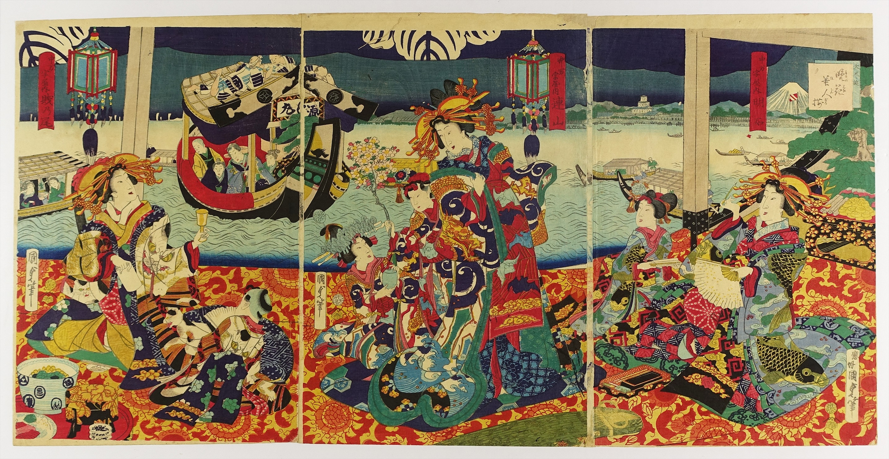 歌合の賑ひ　三枚続　（美人画　風俗）　周延画